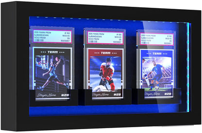 Card Display Case with LED Light Baseball Card Display Case 3 Graded Sport Card Display Case Wall Mount for Baseball Football Basketball Hockey Trading Card Collection Black